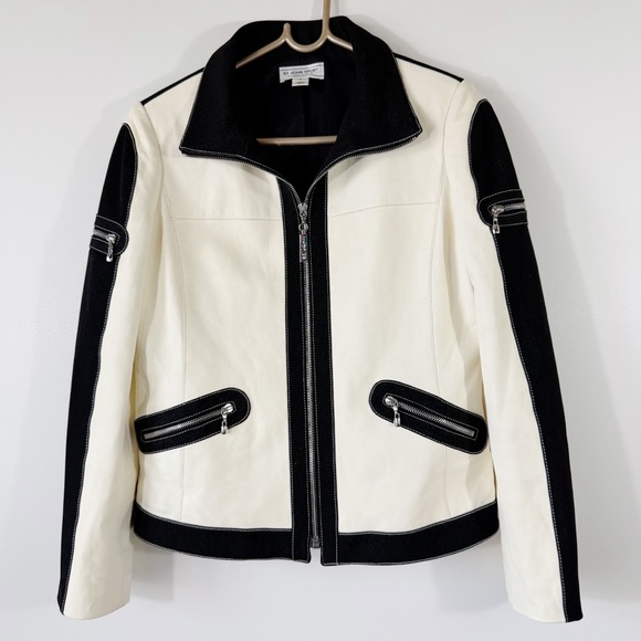 St. John Sport Jackets & Blazers - St. John Sport Cream Leather Jacket Black Detail Size Small